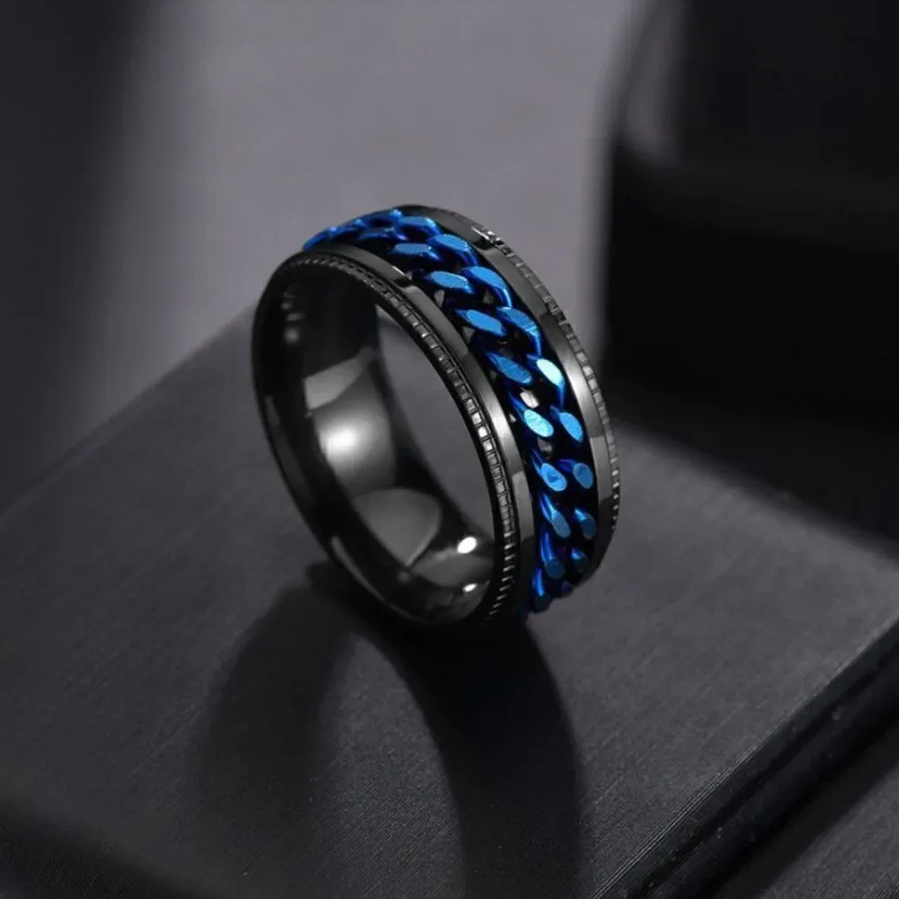 Men's Blue Chain Spinner Promise Ring - Guy's Fidget Ring - Anxiety Ring For Men